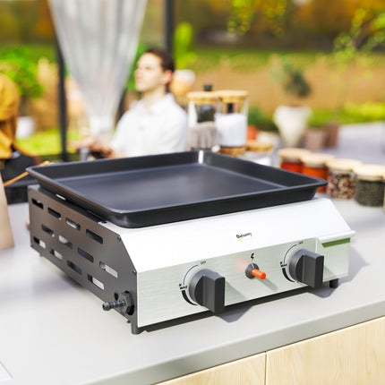 Gratar cu gaz 8000BTU/2,4 KW Carucior gratar cu 2 arzatoare din inox reductor de presiune furtun gaz picioare reglabile plita fierbinte, gratar de gradina pentru balcon, gratar de camping 44 x 44,5 x 19 cm