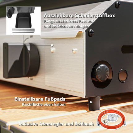 Gratar cu gaz 8000BTU/2,4 KW Carucior gratar cu 2 arzatoare din inox reductor de presiune furtun gaz picioare reglabile plita fierbinte, gratar de gradina pentru balcon, gratar de camping 44 x 44,5 x 19 cm
