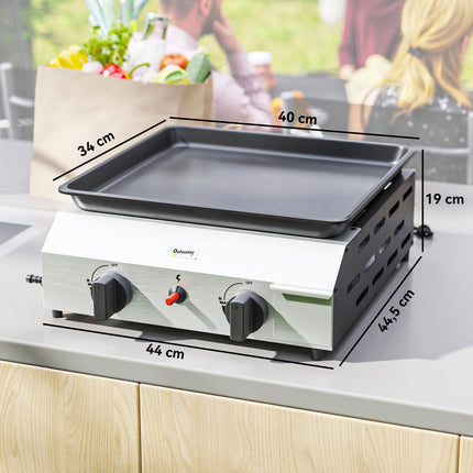 Gratar cu gaz 8000BTU/2,4 KW Carucior gratar cu 2 arzatoare din inox reductor de presiune furtun gaz picioare reglabile plita fierbinte, gratar de gradina pentru balcon, gratar de camping 44 x 44,5 x 19 cm