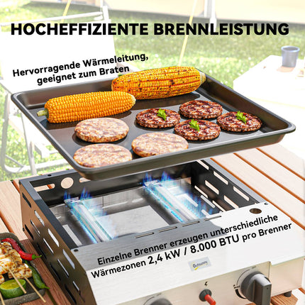 Gratar cu gaz 8000BTU/2,4 KW Carucior gratar cu 2 arzatoare din inox reductor de presiune furtun gaz picioare reglabile plita fierbinte, gratar de gradina pentru balcon, gratar de camping 44 x 44,5 x 19 cm