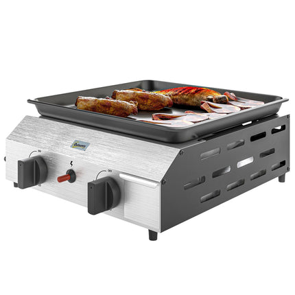 Gratar cu gaz 8000BTU/2,4 KW Carucior gratar cu 2 arzatoare din inox reductor de presiune furtun gaz picioare reglabile plita fierbinte, gratar de gradina pentru balcon, gratar de camping 44 x 44,5 x 19 cm