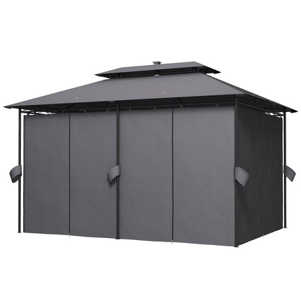 Foișor cu acoperiș dublu, LED solar, 4x3 m, hidrofug, stabil, pavilion de grădină rezistent la iarnă cu panouri laterale, foișor de grădină din metal, pentru grădină, terasă, gri închis Aosom