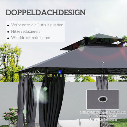 Foișor cu acoperiș dublu, LED solar, 4x3 m, hidrofug, stabil, pavilion de grădină rezistent la iarnă cu panouri laterale, foișor de grădină din metal, pentru grădină, terasă, gri închis Aosom