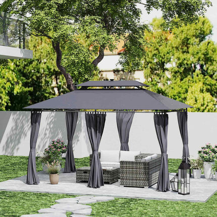 Foișor cu acoperiș dublu, LED solar, 4x3 m, hidrofug, stabil, pavilion de grădină rezistent la iarnă cu panouri laterale, foișor de grădină din metal, pentru grădină, terasă, gri închis Aosom