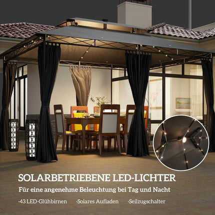 Foișor cu acoperiș dublu, LED solar, 4x3 m, hidrofug, stabil, pavilion de grădină rezistent la iarnă cu panouri laterale, foișor de grădină din metal, pentru grădină, terasă, gri închis Aosom