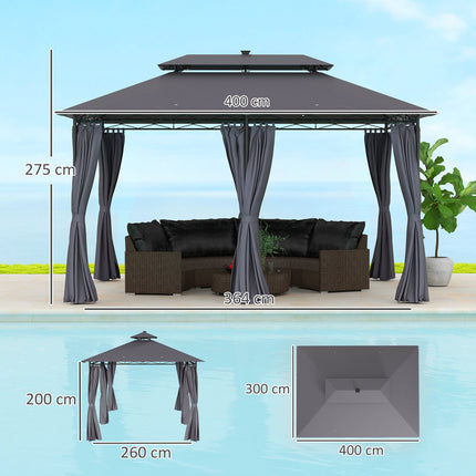 Foișor cu acoperiș dublu, LED solar, 4x3 m, hidrofug, stabil, pavilion de grădină rezistent la iarnă cu panouri laterale, foișor de grădină din metal, pentru grădină, terasă, gri închis Aosom