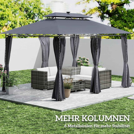 Foișor cu acoperiș dublu, LED solar, 4x3 m, hidrofug, stabil, pavilion de grădină rezistent la iarnă cu panouri laterale, foișor de grădină din metal, pentru grădină, terasă, gri închis Aosom