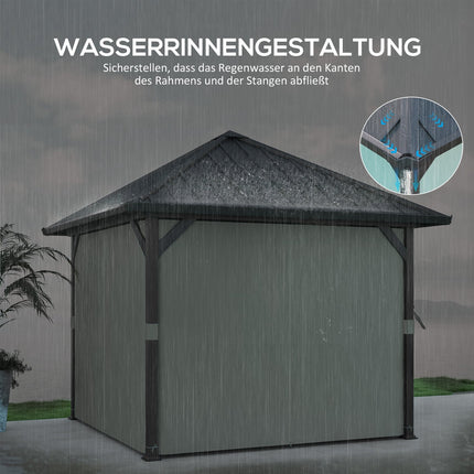 Foișor cu hard top, cca. 3x3 m, impermeabil, stabil, rezistent la iarnă, foișor de grădină cu plasă de țânțari, panouri laterale, foișor de grădină din metal, foișor de grădină, terasă, gri închis