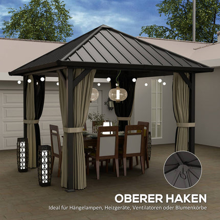 Foișor cu hard top, cca. 3x3 m, impermeabil, stabil, rezistent la iarnă, foișor de grădină cu plasă de țânțari, panouri laterale, foișor de grădină din metal, foișor de grădină, terasă, gri închis