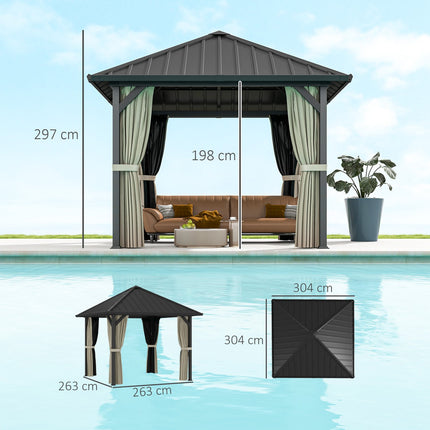 Foișor cu hard top, cca. 3x3 m, impermeabil, stabil, rezistent la iarnă, foișor de grădină cu plasă de țânțari, panouri laterale, foișor de grădină din metal, foișor de grădină, terasă, gri închis