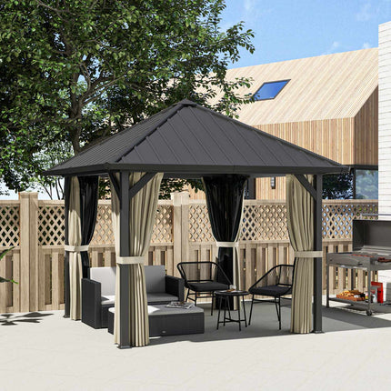 Foișor cu hard top, cca. 3x3 m, impermeabil, stabil, rezistent la iarnă, foișor de grădină cu plasă de țânțari, panouri laterale, foișor de grădină din metal, foișor de grădină, terasă, gri închis