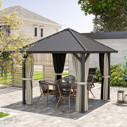 Foișor cu hard top, cca. 3x3 m, impermeabil, stabil, rezistent la iarnă, foișor de grădină cu plasă de țânțari, panouri laterale, foișor de grădină din metal, foișor de grădină, terasă, gri închis