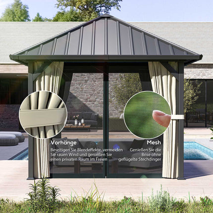 Foișor cu hard top, cca. 3x3 m, impermeabil, stabil, rezistent la iarnă, foișor de grădină cu plasă de țânțari, panouri laterale, foișor de grădină din metal, foișor de grădină, terasă, gri închis