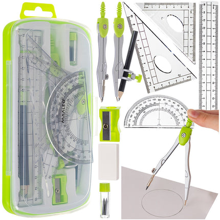 Set de desen geometric, 10 piese, riglă și compas