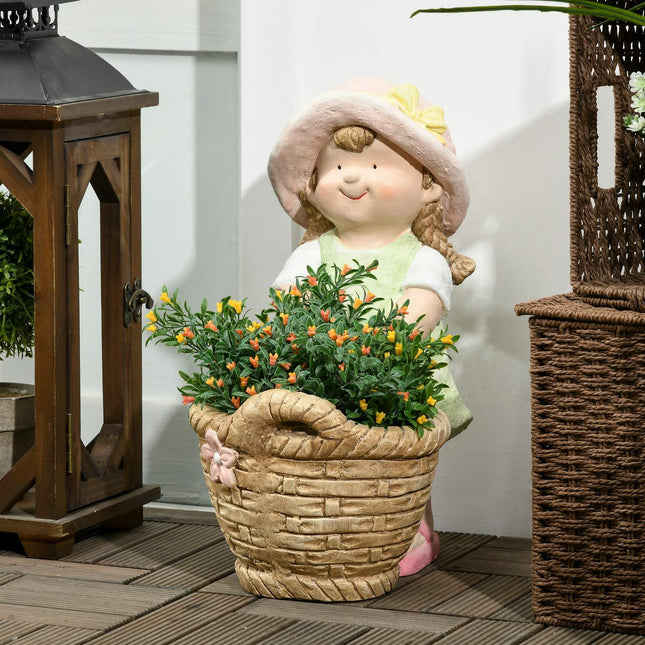 Garden figurine - girl with flowerpot, weatherproof sculpture