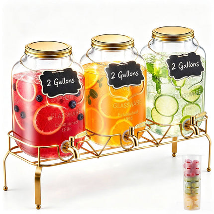 Glass Beverage Dispenser Set, 3 x 8L, Stand, Spigot