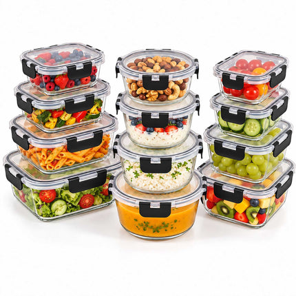 Glass Food Storage Containers with Click-Lock Lids, Set of 12, Leakproof