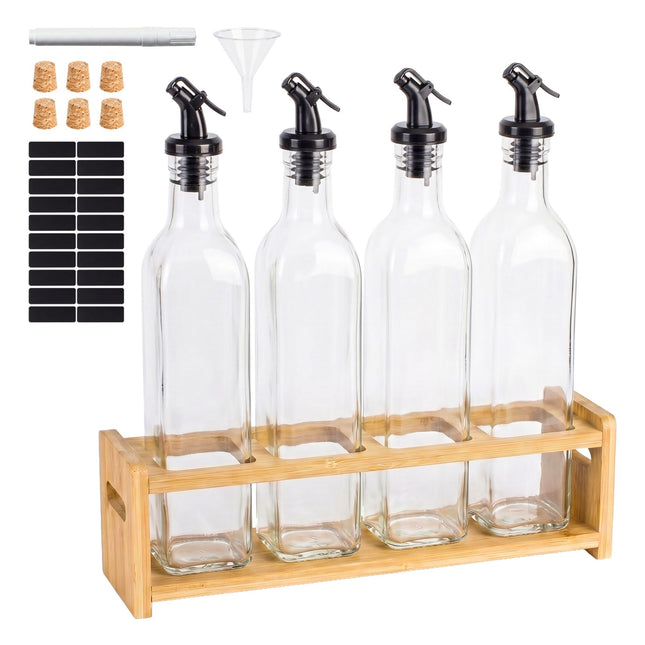 Set de sticle de ulei din sticlă cu suport din bambus – pachet de 4