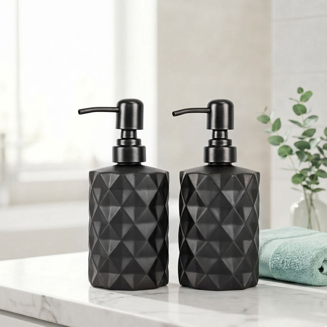Dozatoare de săpun din sticlă, pachet de 2, 350 ml, pompă din oțel inoxidabil negru
