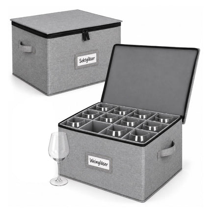 Glass Storage Box for 12 Glasses with Dividers, Set of 2, Grey