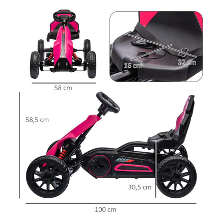 Mașină cu pedale de kart cu frână de mână, scaun reglabil, treaptă înainte și înapoi, vehicul cu pedale vehicul pentru copii Kettcar pentru copii 3-8 ani roz Aosom