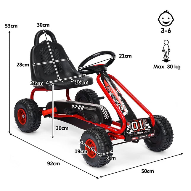 Kart cu scaun reglabil și frână de mână, mașină cu pedale cu o capacitate de încărcare de până la 30 kg, cărucior cu pedale roșu