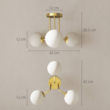 Lampă de tavan aurie cu abajururi globulare, 3 dulii G9