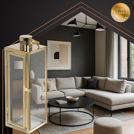 Gold Glass Candle Lanterns Set of 3, 38/49/63 cm, Stainless Steel Frame