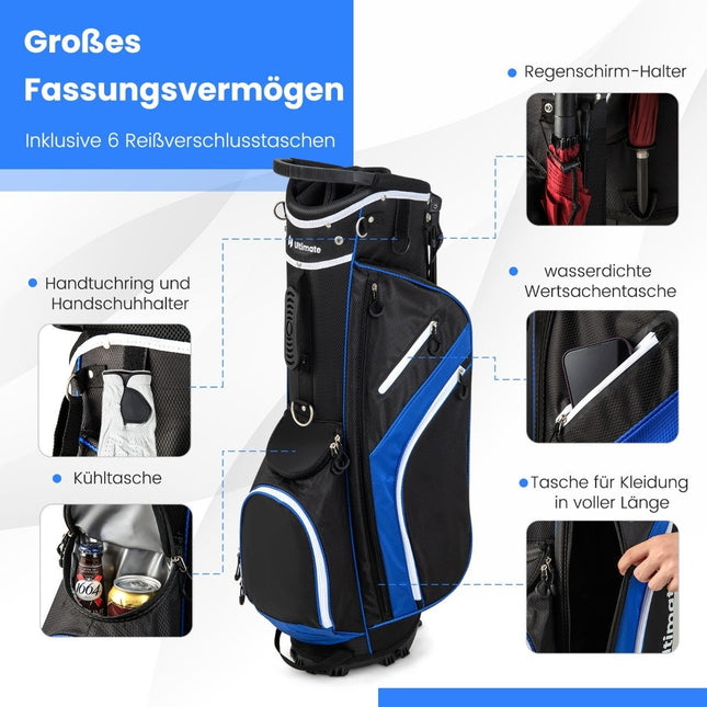 Geantă de golf cu separator în 14 direcții, 6 buzunare, husă de ploaie, albastru