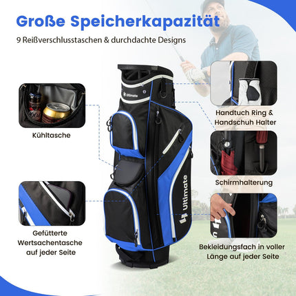 Geantă pentru cărucior de golf cu 14 separatoare, husă de ploaie, albastră