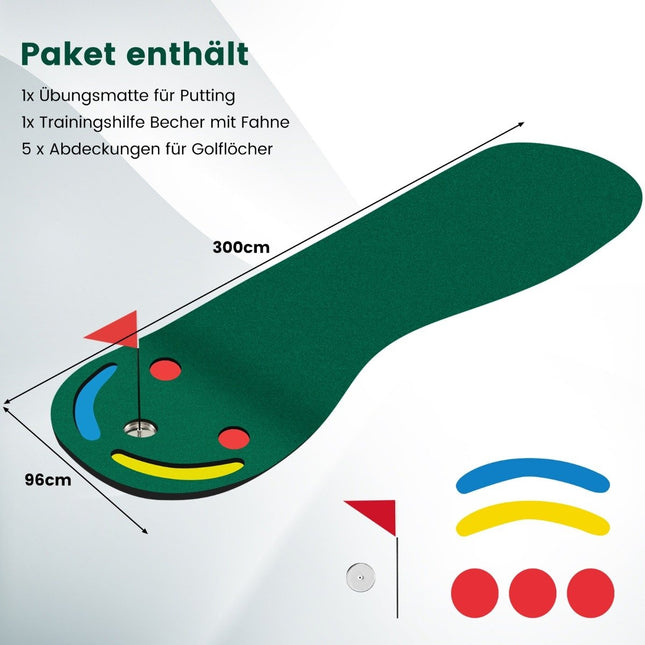 Covoraș de golf 300x96 cm cu 3 cupe și steag
