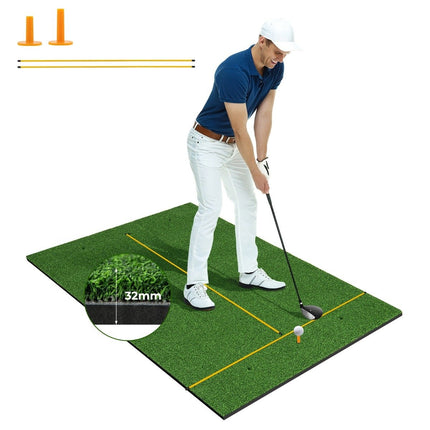 Covoraș de lovire de golf cu 2 teuri de cauciuc, 2 bețe de aliniere și 6 poziții de tee, 152 x 92 cm, grosime 32 mm