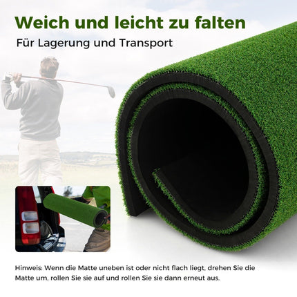 Covoraș de lovire de golf cu 2 teuri de cauciuc, 2 bețe de aliniere și 6 poziții de tee, 152 x 92 cm, grosime 32 mm