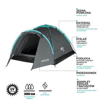 Cort de camping gri pentru drumeții, ușor, pentru 2 persoane
