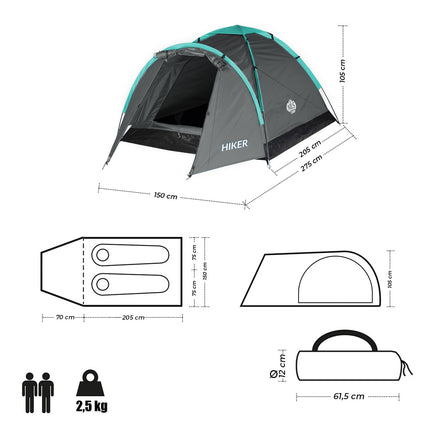Cort de camping gri pentru drumeții, ușor, pentru 2 persoane