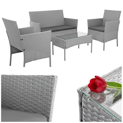 Set de mobilier de grădină din ratan gri – 2 scaune, canapea, masă