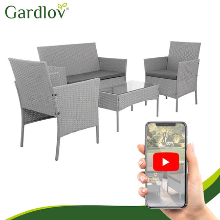 Set de mobilier de grădină din ratan gri – 2 scaune, canapea, masă