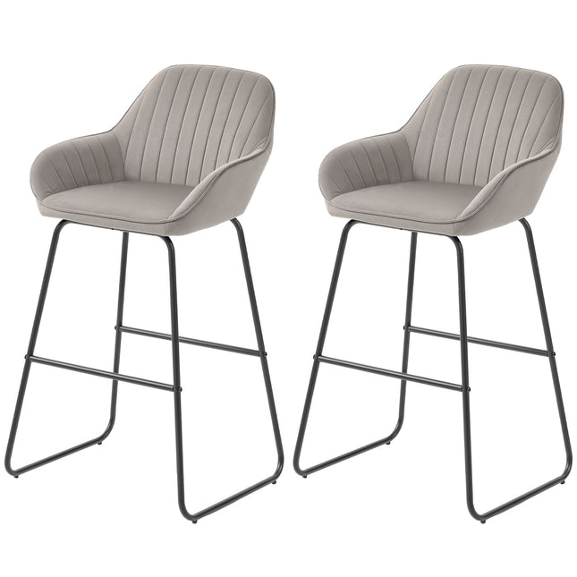Gray Velvet Bar Stools Set of 2 with Metal Legs