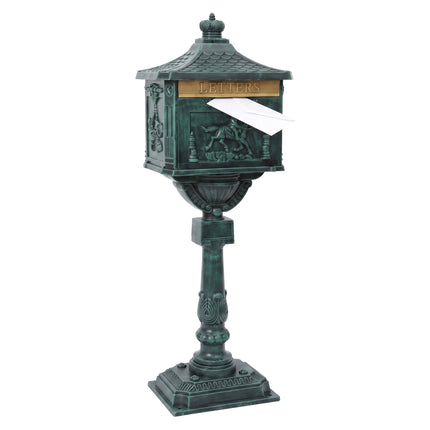 Cutie poștală independentă cu coloană, verde, antică, din aluminiu