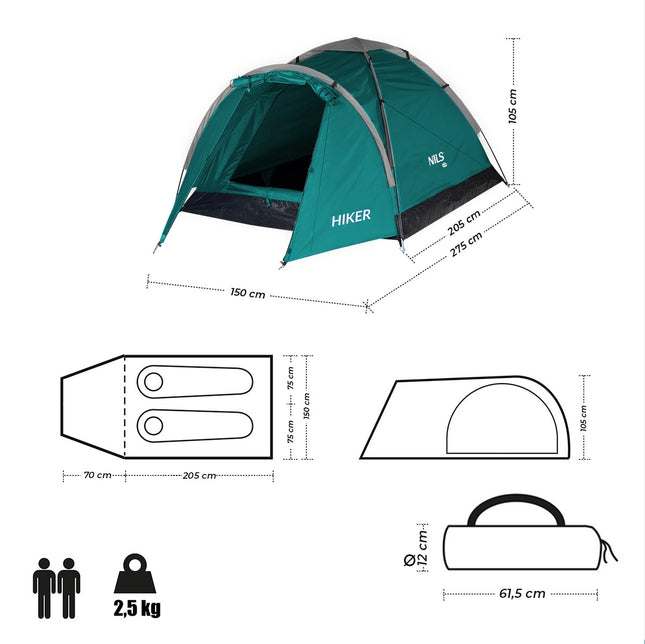 Cort de camping verde pentru drumeții, capacitate pentru 2 persoane
