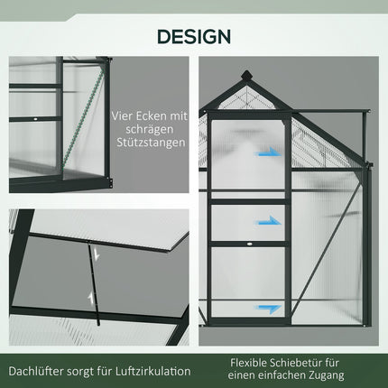 Seră seră din aluminiu 190 x 132 x 201 cm cu luminator și ușă, cabină de plante cu fundație, rezistentă la intemperii, gri-transparent