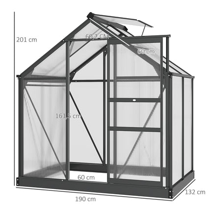 Seră seră din aluminiu 190 x 132 x 201 cm cu luminator și ușă, cabină de plante cu fundație, rezistentă la intemperii, gri-transparent