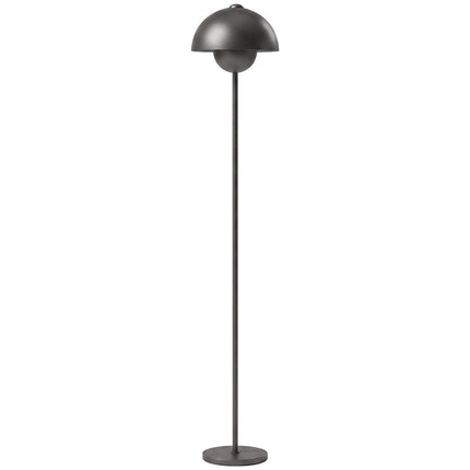 Lampă de podea din metal gri cu abajur rotund și întrerupător de picior