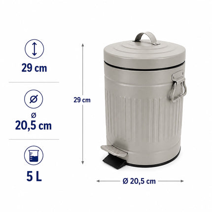 Coș de gunoi retro gri pentru baie cu pedală, capacitate 5 litri