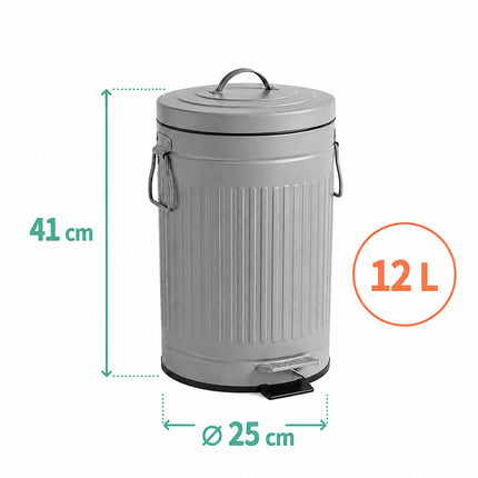 Coș de gunoi retro gri cu pedală, capacitate 12 l, capac cu închidere silențioasă