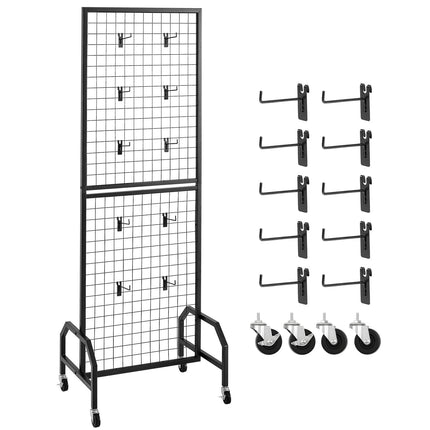 Grid Wall Panel Display Rack, 600 x 1640 mm, Wheels, 10 Hooks