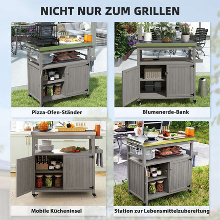 3-tier outdoor barbecue cart with towel rack - wood, gray