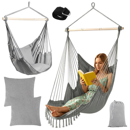 Balansoar suspendat, 210 cm gri, material textil din bumbac, 2 perne