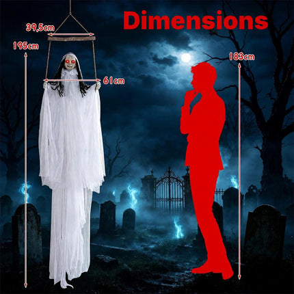 Hanging Halloween Girl Prop with Light-Up Eyes, Creepy Sounds, White Robe