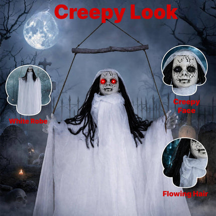 Hanging Halloween Girl Prop with Light-Up Eyes, Creepy Sounds, White Robe